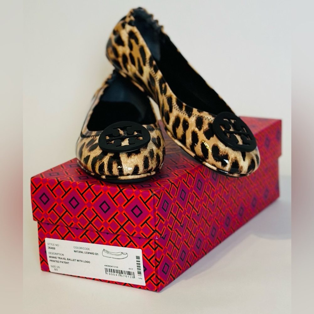 Tory Burch Minnie Travel Ballet with Logo Leopard Patent